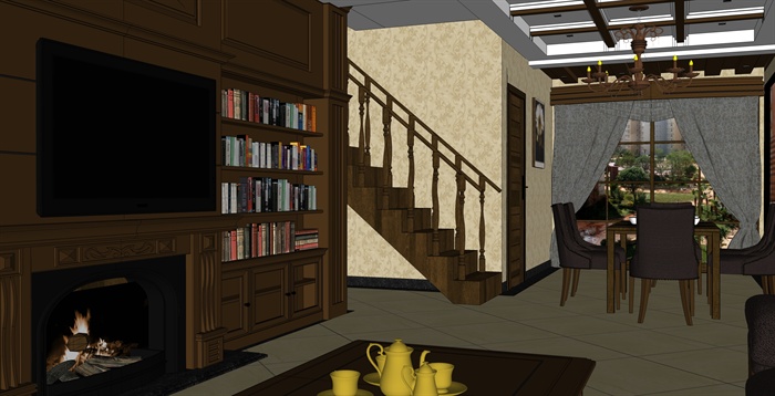 精品美式客厅室内草图大师模型带渲染效果图(2)
