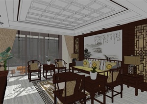 精品中式家装客餐厅及娱乐室室内装修SU(草图大师)模型