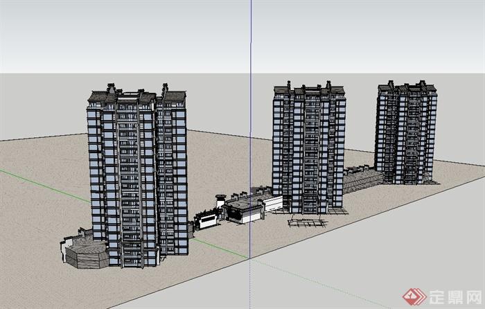 某现代中式风格小高层商住楼设计su模型(3)