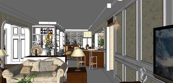 美式风格详细精品室内住宅空间设计su模型