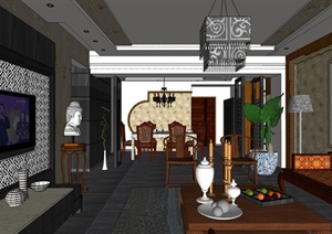 精品新中式客餐厅室内SU(草图大师)模型