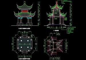 古典中式风格详细八角四方重檐亭设计cad施工图