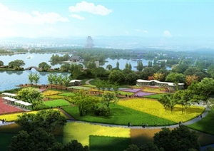 现代风格精美滨河湿地公园鸟瞰景观PSD效果图