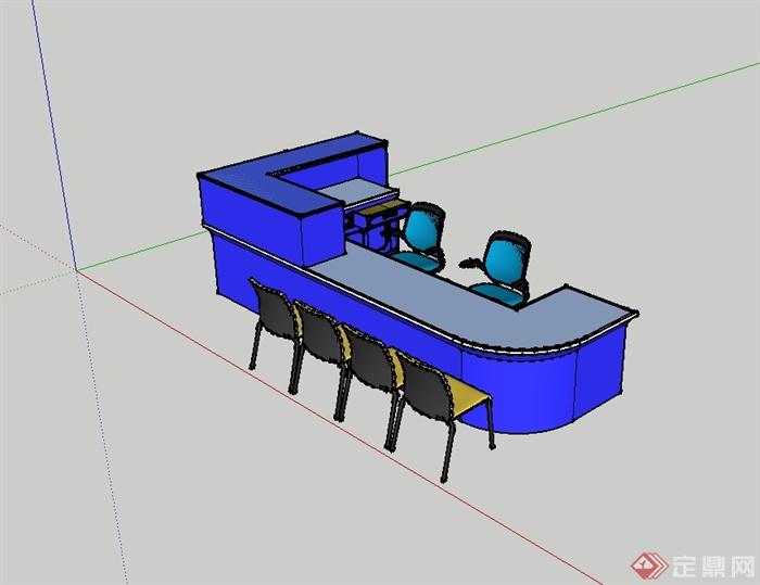 现代风格蓝色接待台桌椅设计su模型(1)