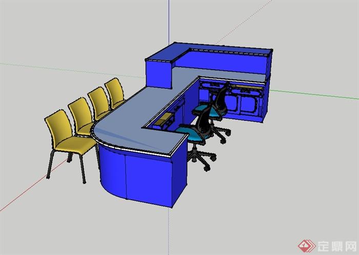 现代风格蓝色接待台桌椅设计su模型(2)