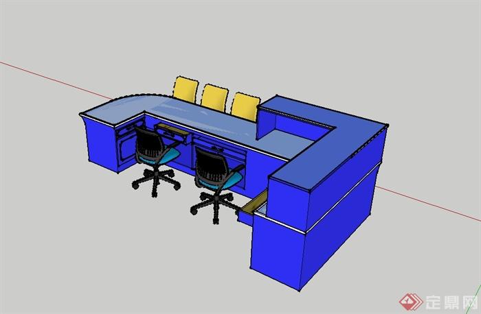 现代风格蓝色接待台桌椅设计su模型(3)
