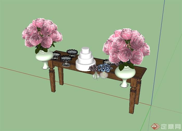 某现代风格详细桌子花盆摆件设计su模型(3)