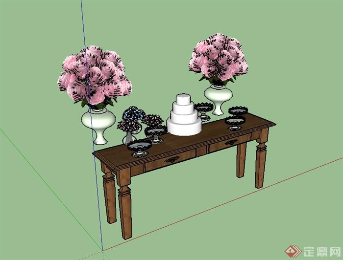某现代风格详细桌子花盆摆件设计su模型(2)