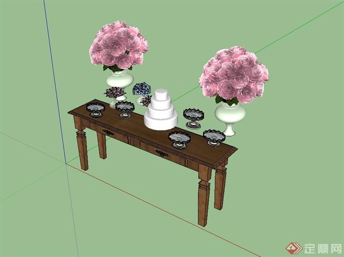 某现代风格详细桌子花盆摆件设计su模型(1)