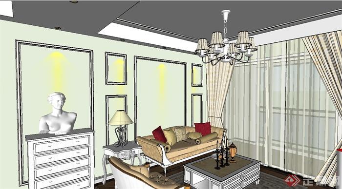 欧式三房户型室内装饰设计su模型(2)