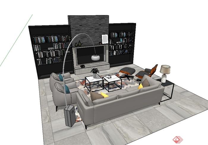现代客厅沙发电视墙落地灯家具设计su模型(2)