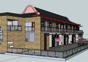 中式风格二层餐厅建筑设计SU(草图大师)模型