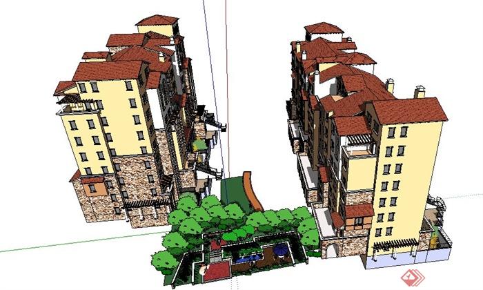 西班牙风格多层住宅建筑及部分景观su模型(4)