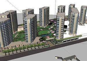 某现代风格详细完整的商业住宅小区楼及景观设计SU(草图大师)模型