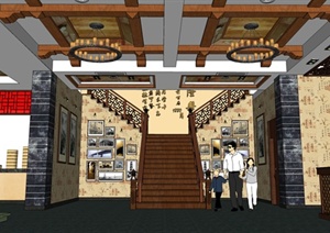 现代中式餐饮餐厅室内空间设计SU(草图大师)模型