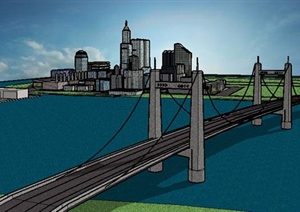 现代城市跨江桥梁设计SU(草图大师)模型