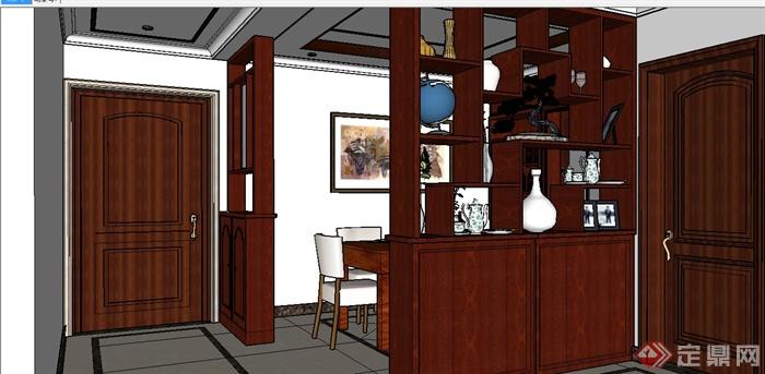 新中式风格餐厅客厅装潢设计SU模型(6)