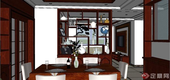 新中式风格餐厅客厅装潢设计SU模型(7)