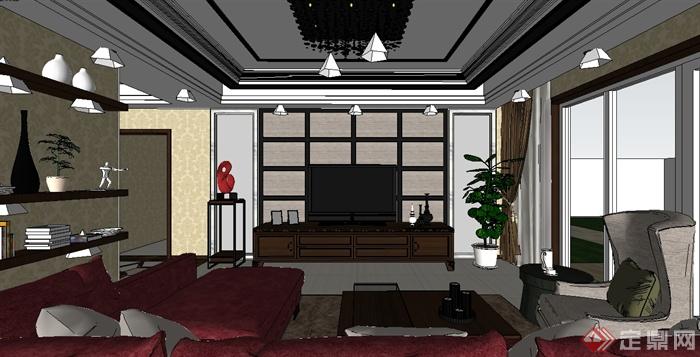 现代风格详细豪华客厅餐厅设计SU模型(3)