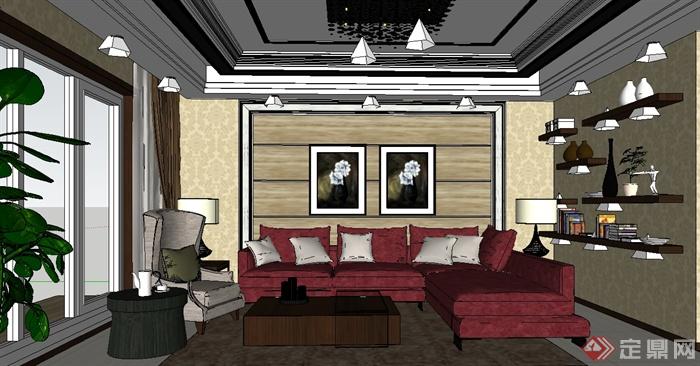 现代风格详细豪华客厅餐厅设计SU模型(2)