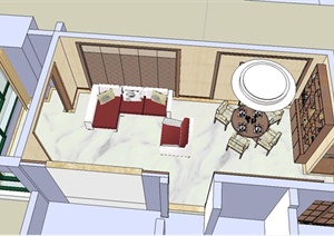 现代中式室内客厅餐厅设计SU(草图大师)模型