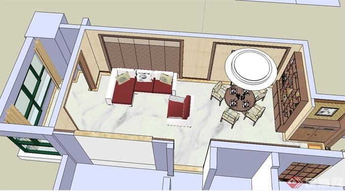 现代中式室内客厅餐厅设计SU模型(1)