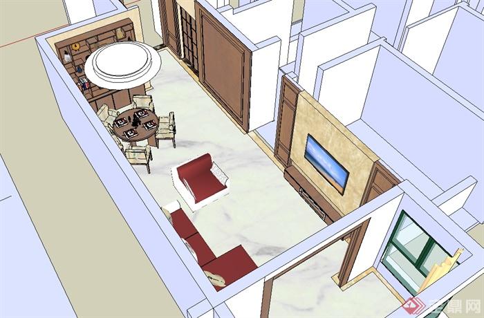 现代中式室内客厅餐厅设计SU模型(2)