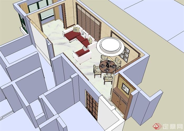 现代中式室内客厅餐厅设计SU模型(3)