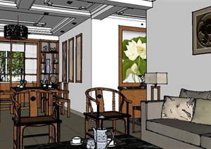 现代中式家居客餐厅装修设计SU(草图大师)模型
