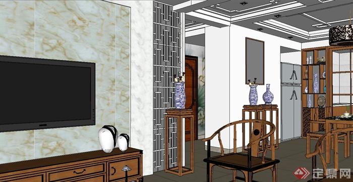 现代中式家居客餐厅装修设计SU模型(4)