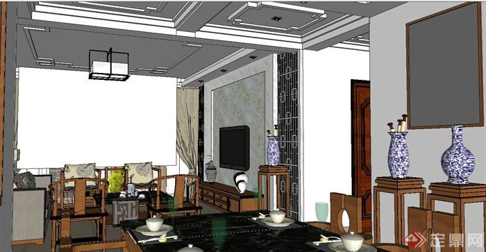 现代中式家居客餐厅装修设计SU模型(3)