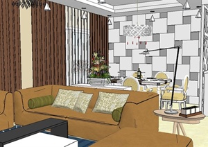 现代简约风格客厅餐厅设计SU(草图大师)模型