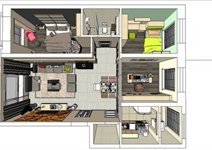 某现代风格小户型住宅空间装潢设计SU(草图大师)模型