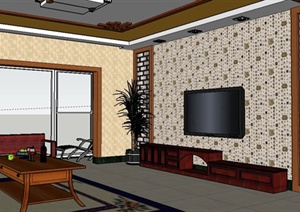 某现代中式风格客厅室内装饰设计SU(草图大师)模型