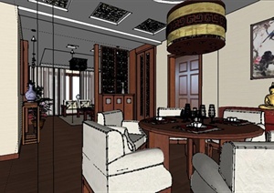 精美现代中式风格客厅餐厅室内装饰设计SU(草图大师)模型