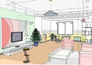现代风格简约客厅餐厅装饰设计SU(草图大师)模型