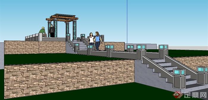 中式风格凉亭及台阶组合su模型(1)