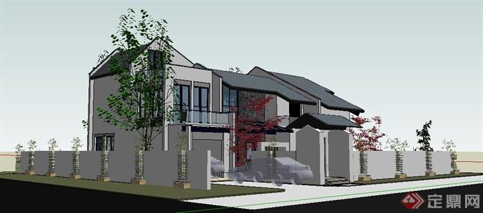 新中式风格庭院别墅建筑设计su模型(1)