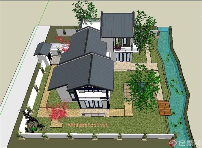 新中式风格庭院别墅建筑设计su模型(4)