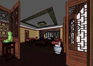 细致现代中式风格客厅装饰设计SU(草图大师)模型