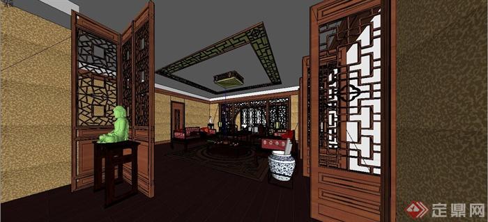 细致现代中式风格客厅装饰设计SU模型(1)