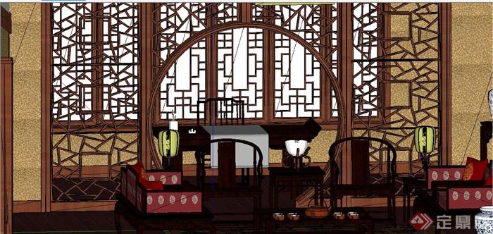 细致现代中式风格客厅装饰设计SU模型(3)