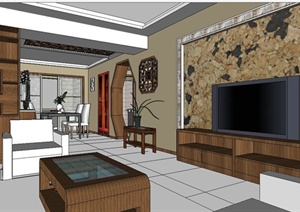 现代中式风格室内住宅空间详细设计SU(草图大师)模型