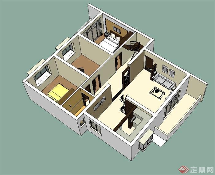 某现代风格单层住宅室内空间设计SU模型(1)