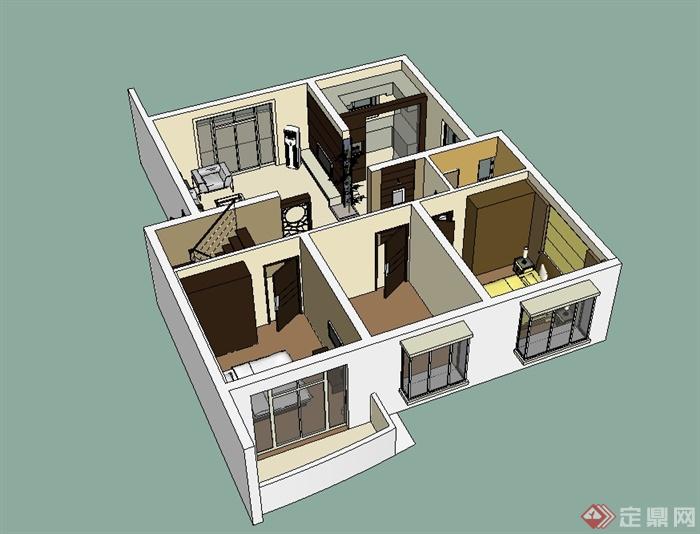 某现代风格单层住宅室内空间设计SU模型(4)