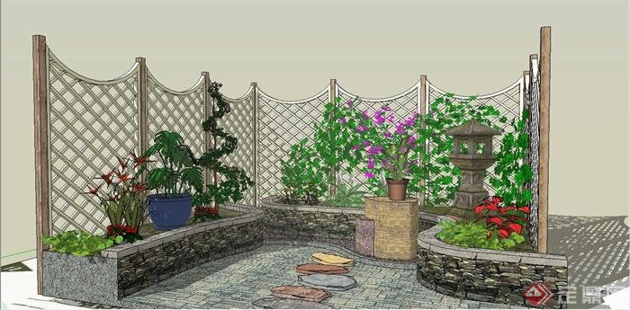 某现代中式风格庭院花坛设计SU模型(1)
