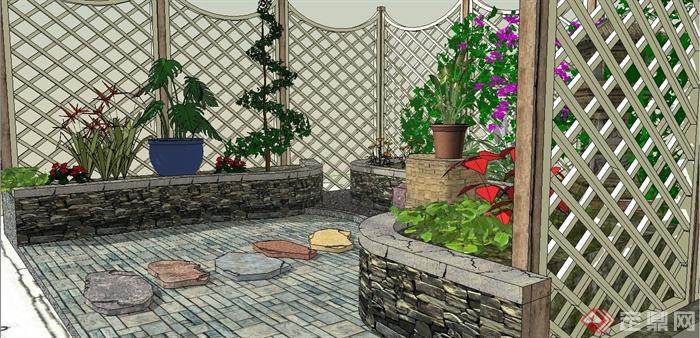 某现代中式风格庭院花坛设计SU模型(3)