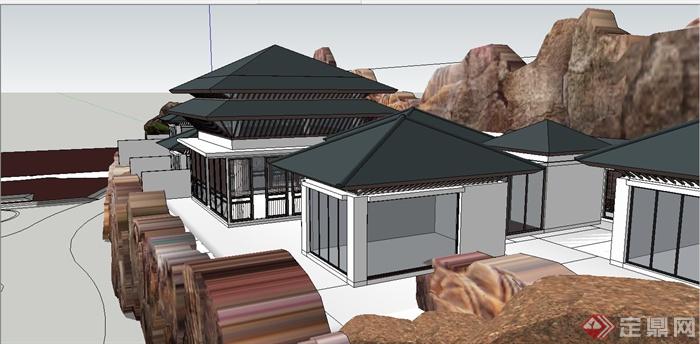 某新中式坡地会所建筑设计SU模型(5)