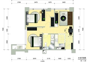 现代风格经济两室两厅一卫户型图PSD分层素材