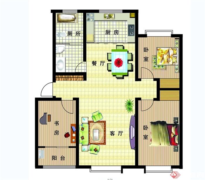 现代住宅三室两厅一卫户型图PSD分层素材(1)